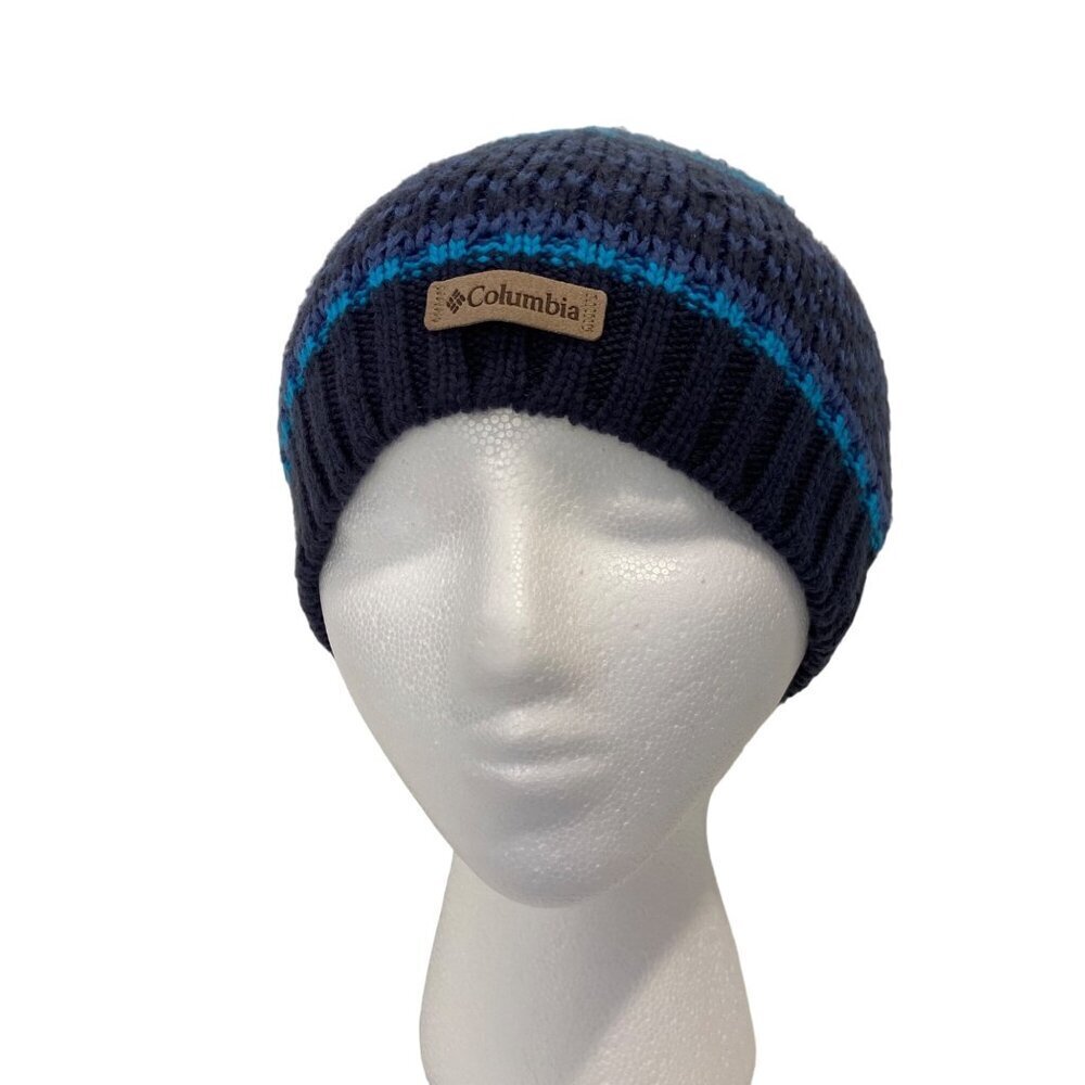 Columbia Striped Knit Beanie Cap Hat For Men & Women unisex blue tones cerulean